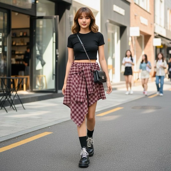 🔥 Tie Waist Skirt Faux-Sleeve Red Plaid Korean Streetwear - Picture 2 of 7